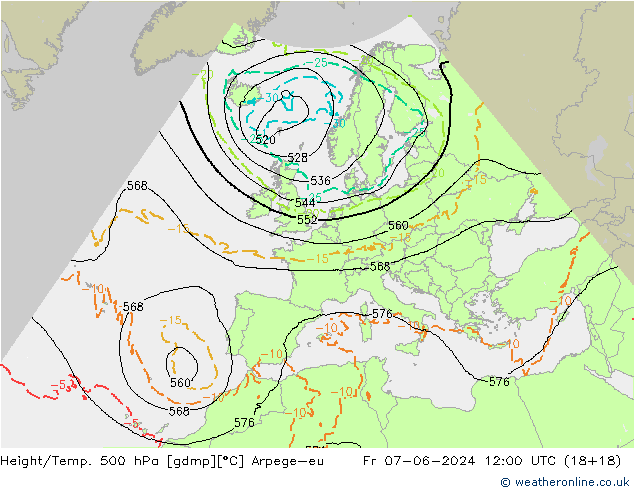 Height/Temp. 500 hPa Arpege-eu Pá 07.06.2024 12 UTC