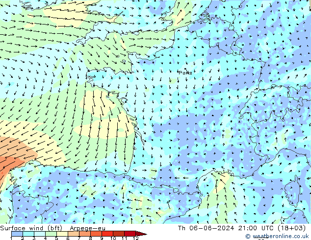 Surface wind (bft) Arpege-eu Th 06.06.2024 21 UTC