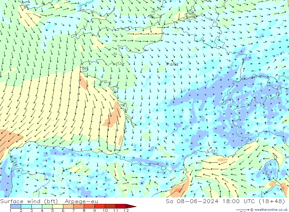 Surface wind (bft) Arpege-eu Sa 08.06.2024 18 UTC
