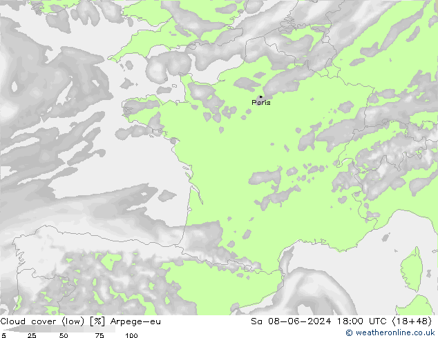 Cloud cover (low) Arpege-eu Sa 08.06.2024 18 UTC