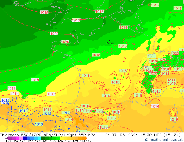 Schichtdicke 850-1000 hPa Arpege-eu Fr 07.06.2024 18 UTC