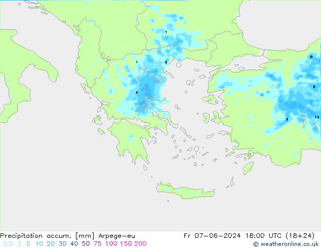 Precipitation accum. Arpege-eu Fr 07.06.2024 18 UTC