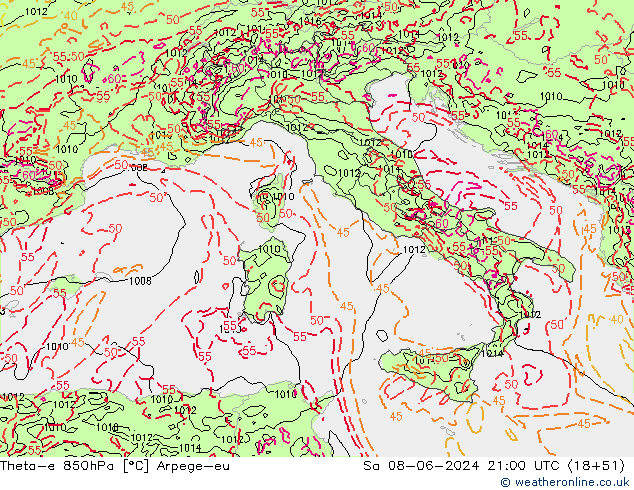 Theta-e 850hPa Arpege-eu Sáb 08.06.2024 21 UTC