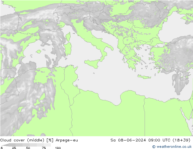 Cloud cover (middle) Arpege-eu Sa 08.06.2024 09 UTC