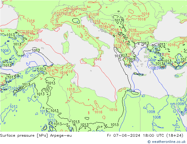 Pressione al suolo Arpege-eu ven 07.06.2024 18 UTC