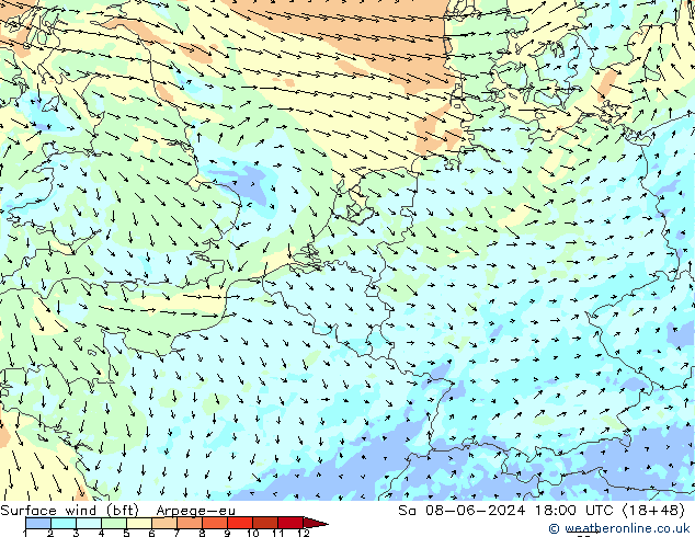 Bodenwind (bft) Arpege-eu Sa 08.06.2024 18 UTC