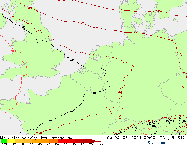 Max. wind velocity Arpege-eu Su 09.06.2024 00 UTC