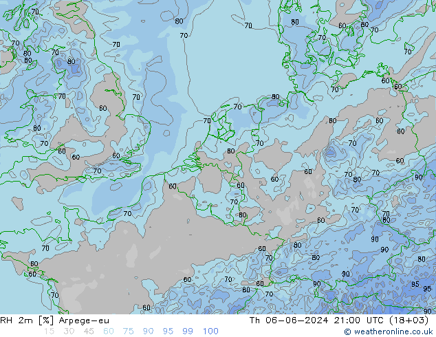 Humedad rel. 2m Arpege-eu jue 06.06.2024 21 UTC