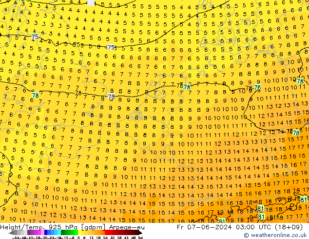 Height/Temp. 925 гПа Arpege-eu пт 07.06.2024 03 UTC