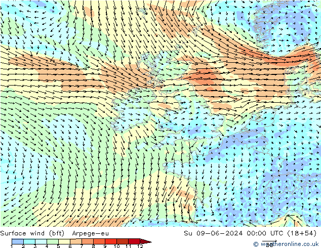 Wind 10 m (bft) Arpege-eu zo 09.06.2024 00 UTC