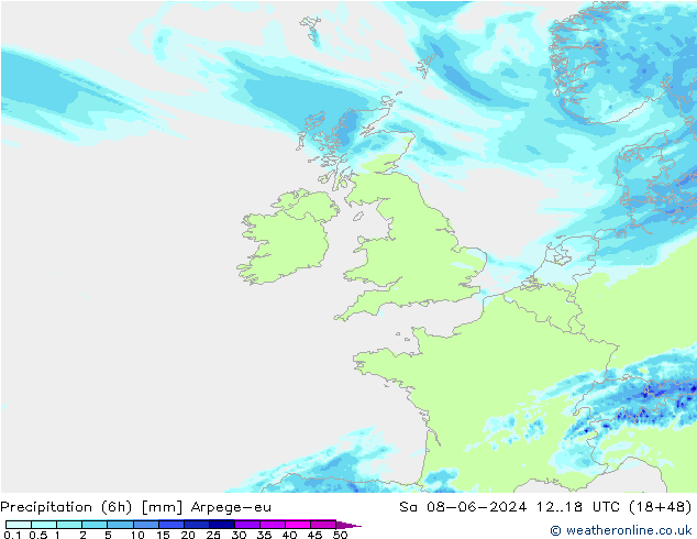 Totale neerslag (6h) Arpege-eu za 08.06.2024 18 UTC