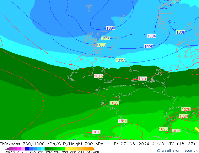 Espesor 700-1000 hPa Arpege-eu vie 07.06.2024 21 UTC