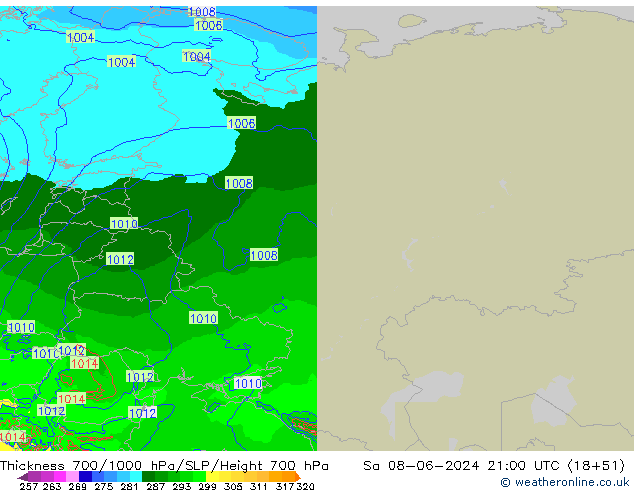 Thck 700-1000 hPa Arpege-eu so. 08.06.2024 21 UTC