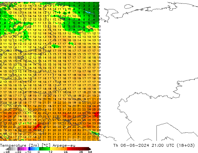 Temperature (2m) Arpege-eu Th 06.06.2024 21 UTC