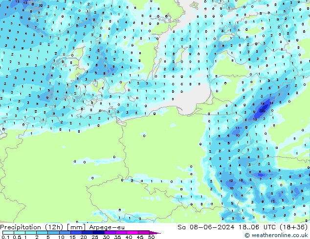 Precipitation (12h) Arpege-eu Sa 08.06.2024 06 UTC