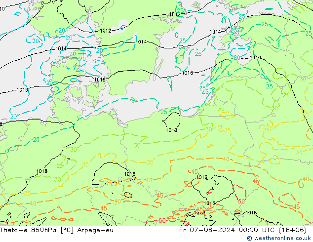 Theta-e 850hPa Arpege-eu Fr 07.06.2024 00 UTC