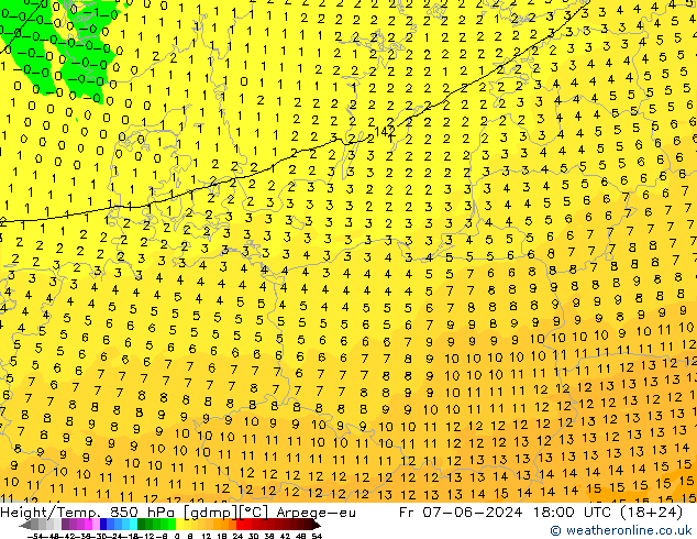 Height/Temp. 850 hPa Arpege-eu Pá 07.06.2024 18 UTC