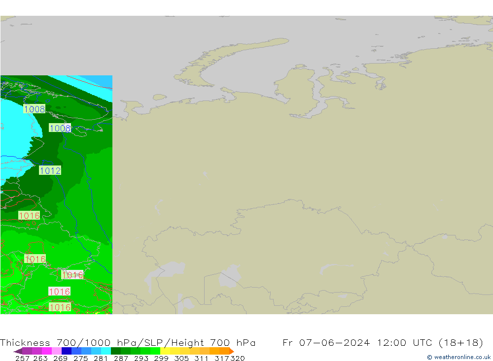 Schichtdicke 700-1000 hPa Arpege-eu Fr 07.06.2024 12 UTC