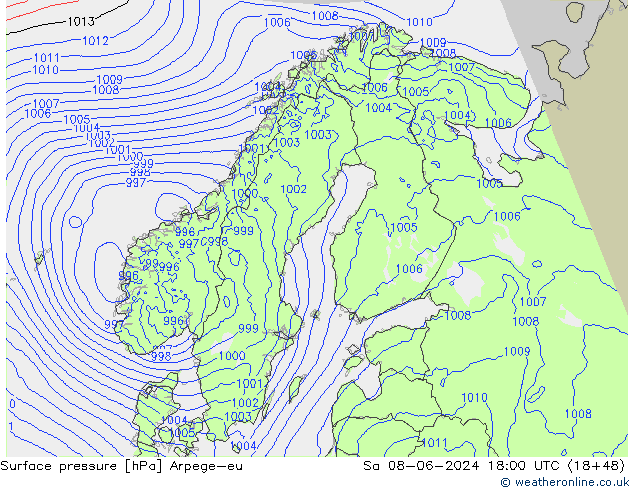 Presión superficial Arpege-eu sáb 08.06.2024 18 UTC