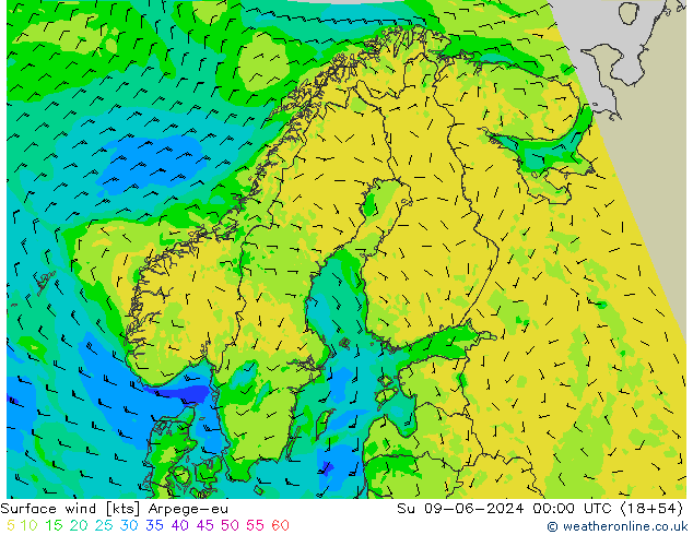 Viento 10 m Arpege-eu dom 09.06.2024 00 UTC