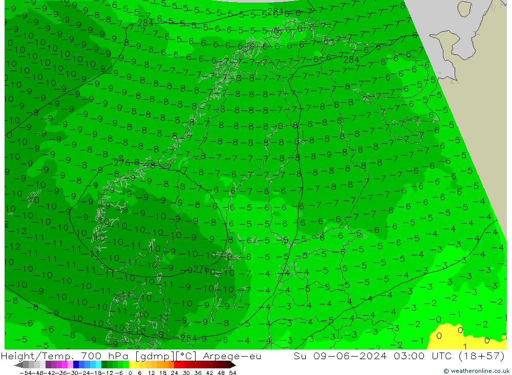 Height/Temp. 700 hPa Arpege-eu nie. 09.06.2024 03 UTC