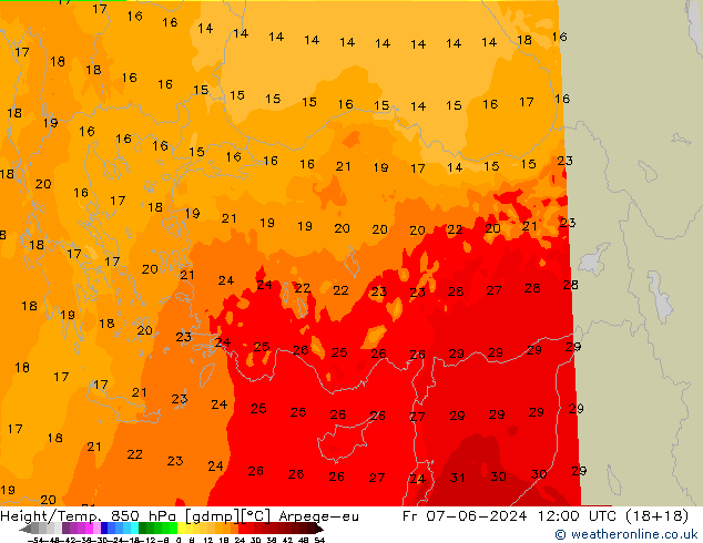 Height/Temp. 850 hPa Arpege-eu Fr 07.06.2024 12 UTC