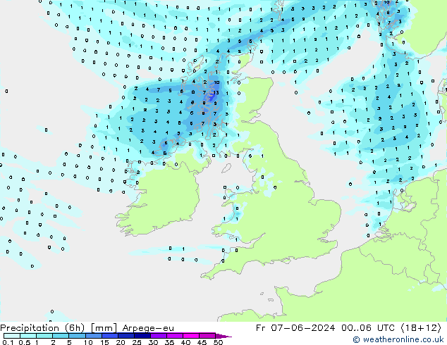 Precipitazione (6h) Arpege-eu ven 07.06.2024 06 UTC