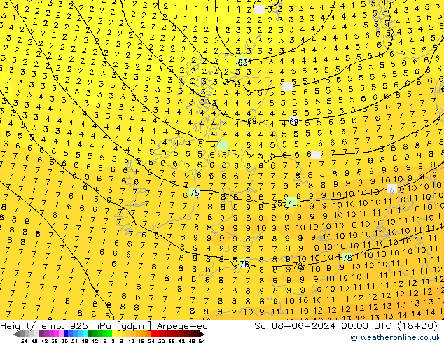 Height/Temp. 925 гПа Arpege-eu сб 08.06.2024 00 UTC