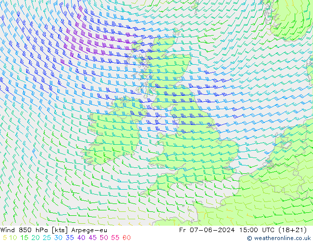 Vento 850 hPa Arpege-eu ven 07.06.2024 15 UTC