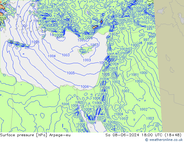 Atmosférický tlak Arpege-eu So 08.06.2024 18 UTC