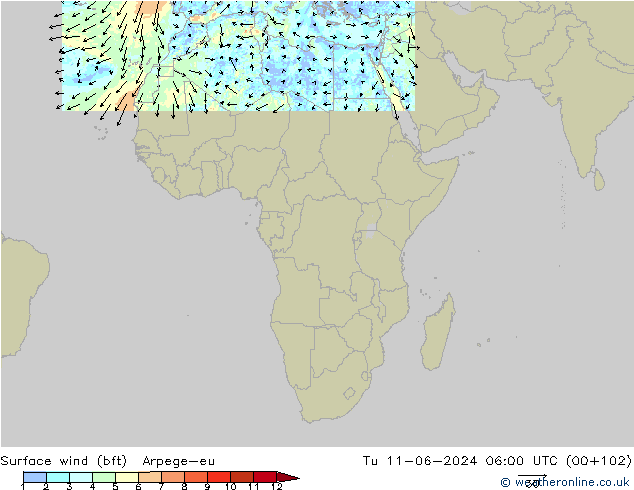 Surface wind (bft) Arpege-eu Út 11.06.2024 06 UTC