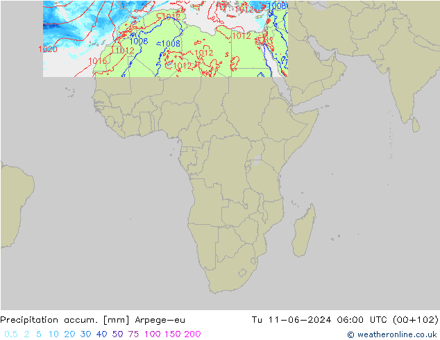 Precipitation accum. Arpege-eu wto. 11.06.2024 06 UTC