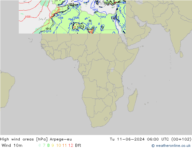 High wind areas Arpege-eu Tu 11.06.2024 06 UTC