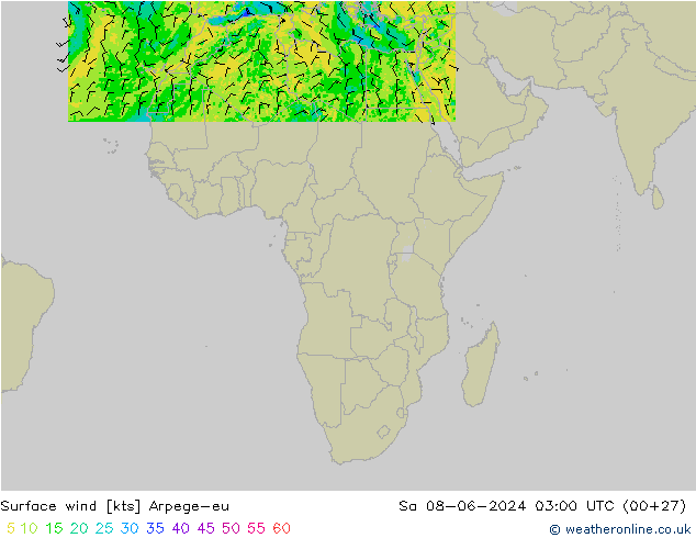 Vent 10 m Arpege-eu sam 08.06.2024 03 UTC