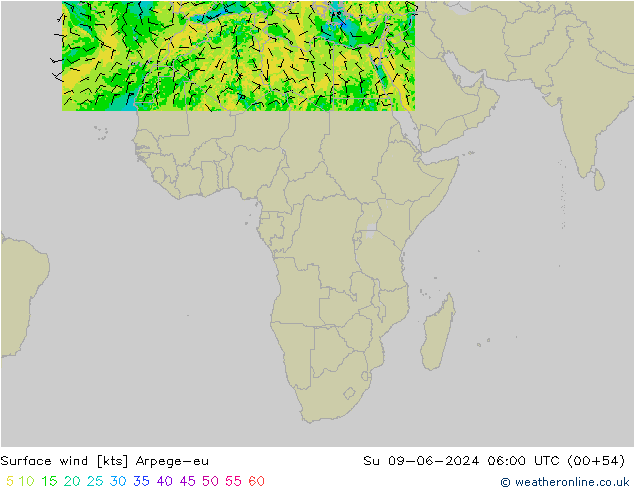 Viento 10 m Arpege-eu dom 09.06.2024 06 UTC