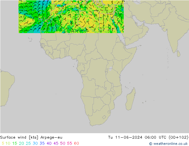 Surface wind Arpege-eu Tu 11.06.2024 06 UTC