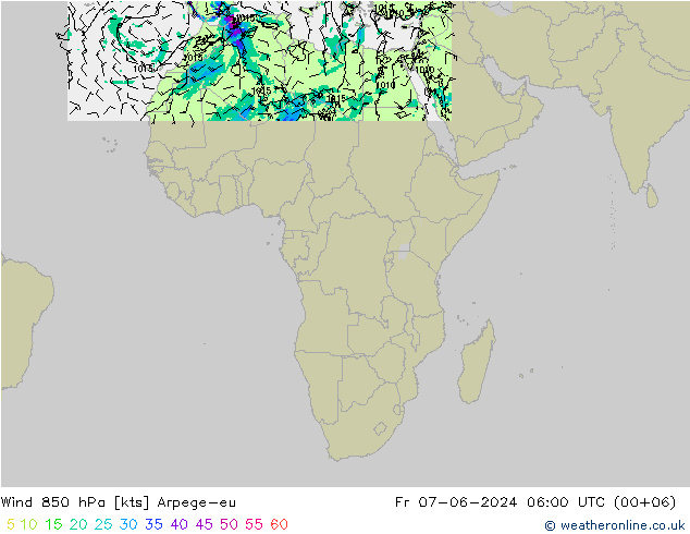 Vento 850 hPa Arpege-eu ven 07.06.2024 06 UTC