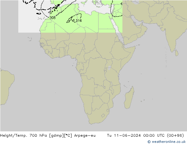 Height/Temp. 700 hPa Arpege-eu Tu 11.06.2024 00 UTC