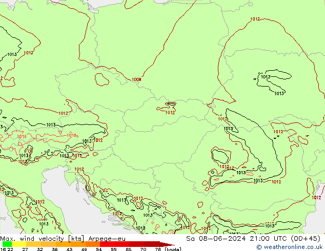 Max. wind velocity Arpege-eu So 08.06.2024 21 UTC