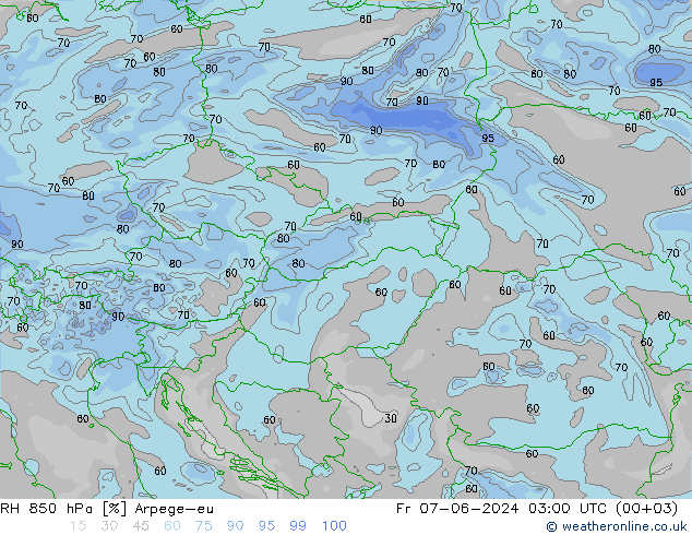 RH 850 гПа Arpege-eu пт 07.06.2024 03 UTC