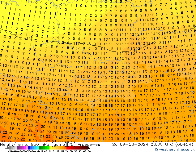 Height/Temp. 850 hPa Arpege-eu Su 09.06.2024 06 UTC