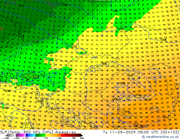 SLP/Temp. 850 гПа Arpege-eu вт 11.06.2024 06 UTC