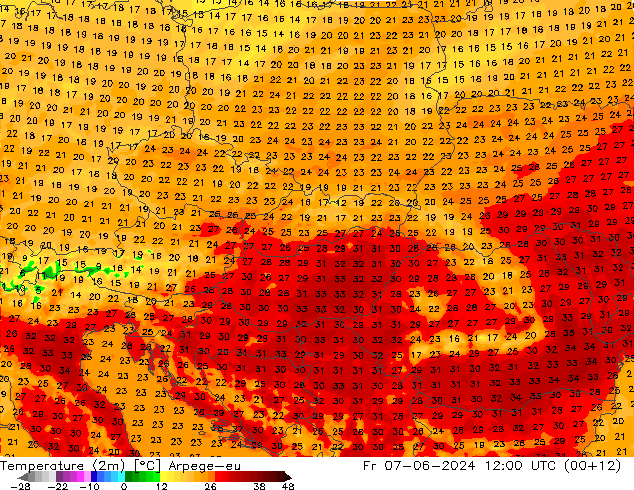 mapa temperatury (2m) Arpege-eu pt. 07.06.2024 12 UTC