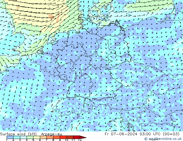 Surface wind (bft) Arpege-eu Fr 07.06.2024 03 UTC