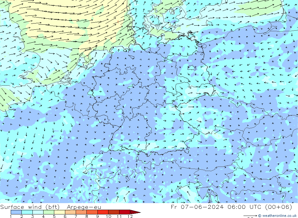 Surface wind (bft) Arpege-eu Fr 07.06.2024 06 UTC