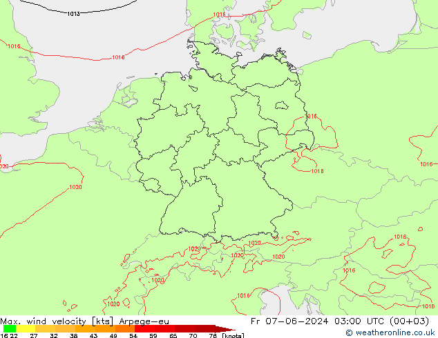 Max. wind velocity Arpege-eu Fr 07.06.2024 03 UTC