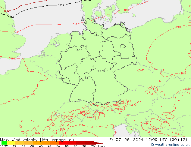 Max. wind velocity Arpege-eu Fr 07.06.2024 12 UTC