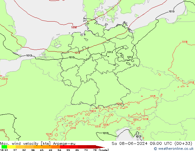 Max. wind velocity Arpege-eu Sa 08.06.2024 09 UTC