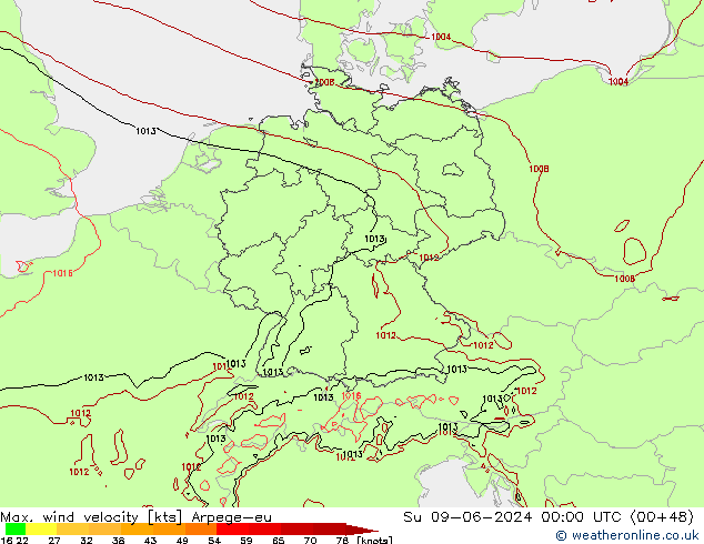 Max. wind velocity Arpege-eu Su 09.06.2024 00 UTC