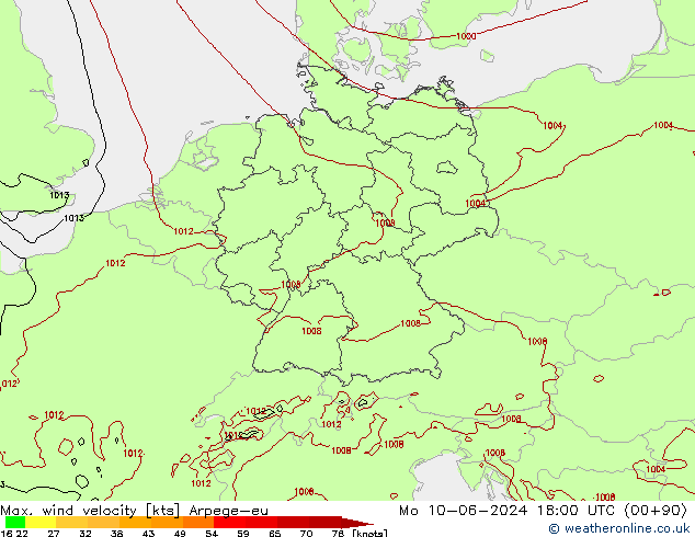 Max. wind velocity Arpege-eu Mo 10.06.2024 18 UTC